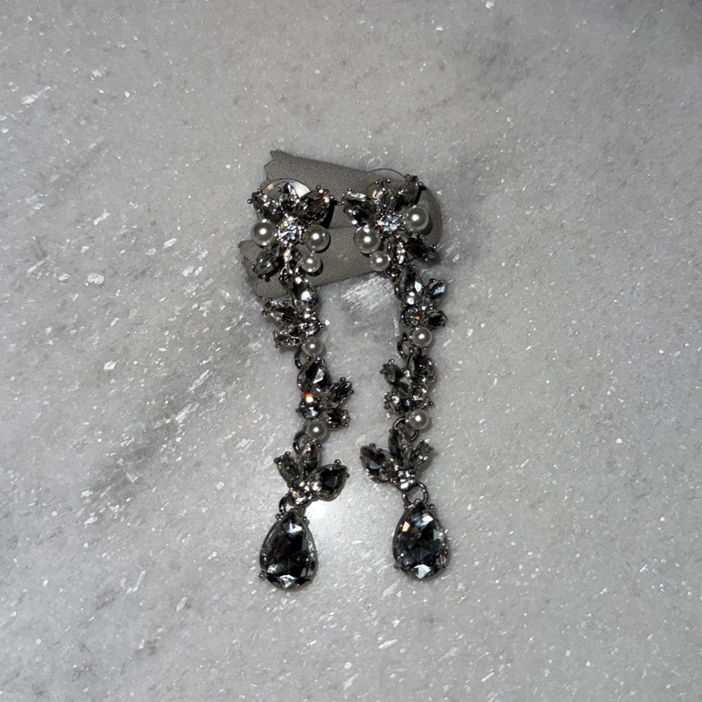 Formal Silver Crystal Drop Earrings - Picture 5 of 9